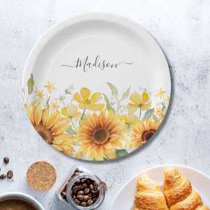 Monogramm Gelbe Blume Sonnenblume Floral Botanisch Pappteller