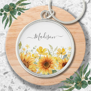 Monogramm Gelbe Blume Sonnenblume Floral Botanisch Schlüsselanhänger