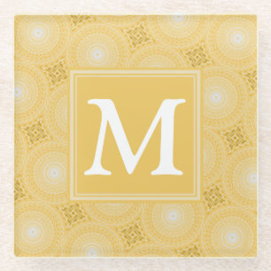 Monogramm-gelbe Kreismuster Glasuntersetzer