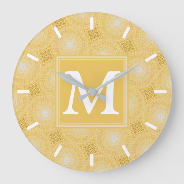 Monogramm-gelbe Kreismuster Große Wanduhr (Vorderseite)
