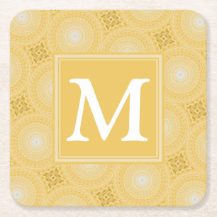 Monogramm-gelbe Kreismuster Rechteckiger Pappuntersetzer