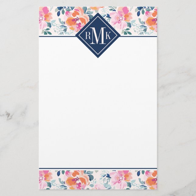 Monogramm-| gemaltes Rosen-Muster Briefpapier (Vorderseite)