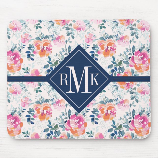 Monogramm-| gemaltes Rosen-Muster Mousepad (Vorne)