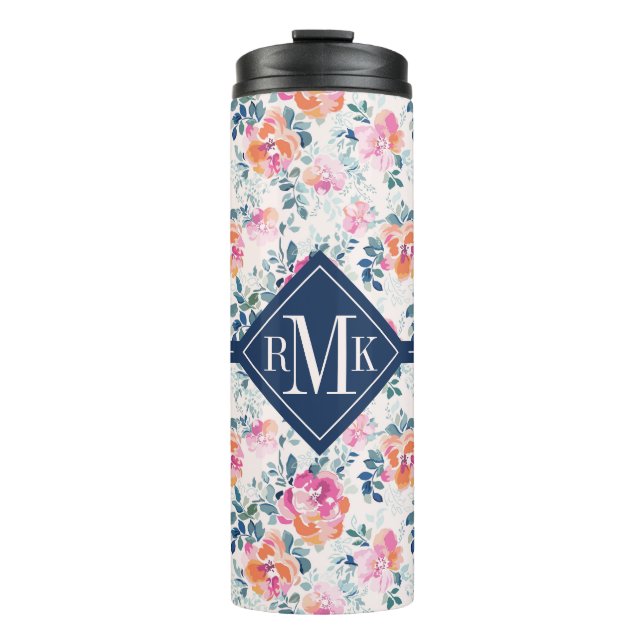 Monogramm-| gemaltes Rosen-Muster Thermosbecher (Vorderseite)