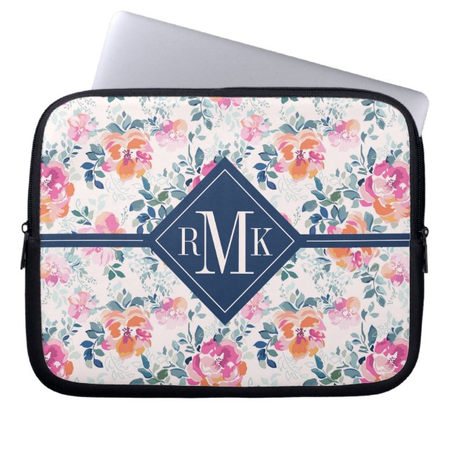 Monogramm | Gemaltes Rosenmuster Laptopschutzhülle (Vorderseite)