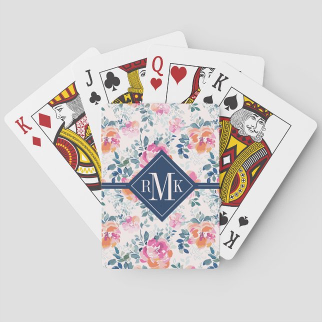 Monogramm | Gemaltes Rosenmuster Spielkarten (Rückseite)