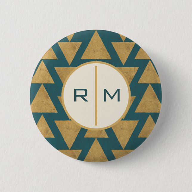 Monogramm| Geoschritt| Gold & Dark Aquamarin Pat Button (Vorderseite)