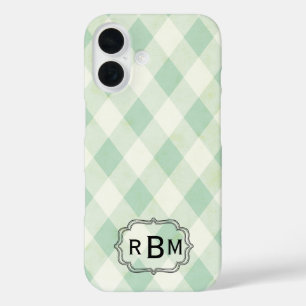 Monogramm Gerahmt auf Green und White Gingham Patt iPhone 16 Hülle