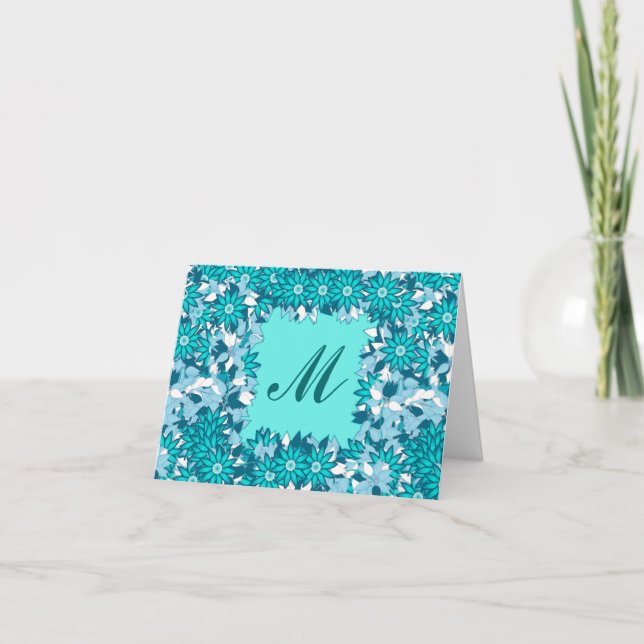 Monogramm gerahmt mit Blume - blau und weiß (Vorderseite)