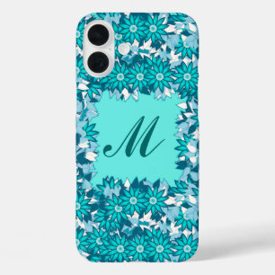 Monogramm gerahmt mit Blume - blau und weiß iPhone 16 Plus Hülle