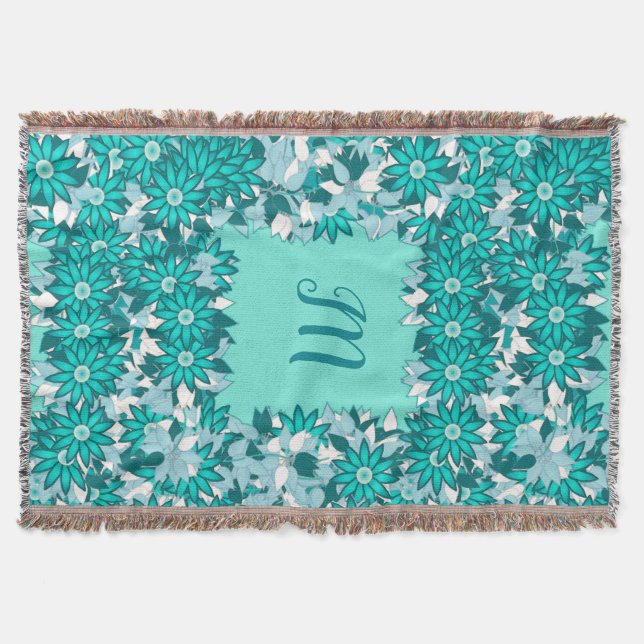 Monogramm gerahmt mit Blume - blau und weiß Decke (Vorderseite)
