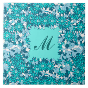 Monogramm gerahmt mit Blume - blau und weiß Fliese