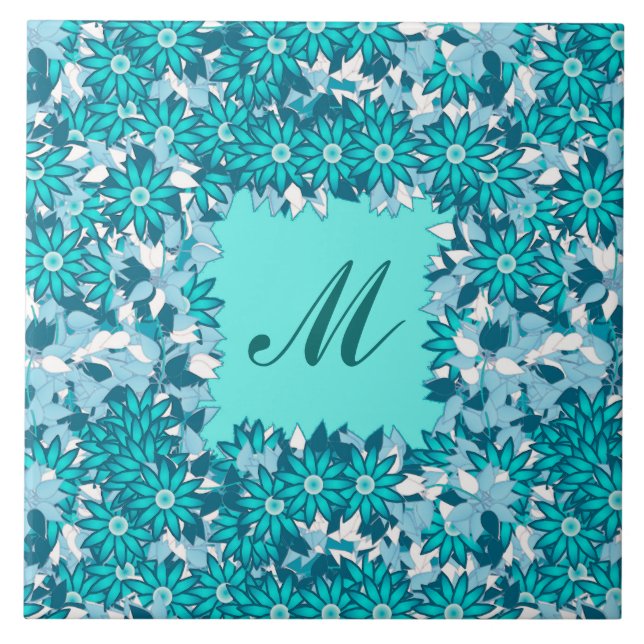 Monogramm gerahmt mit Blume - blau und weiß Fliese (Vorderseite)