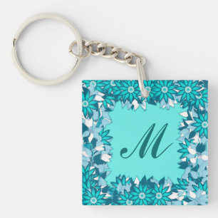 Monogramm gerahmt mit Blume - blau und weiß Schlüsselanhänger