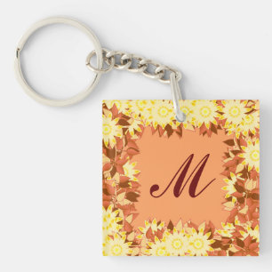 Monogramm gerahmt mit Blume - Kakao und Gelb Schlüsselanhänger