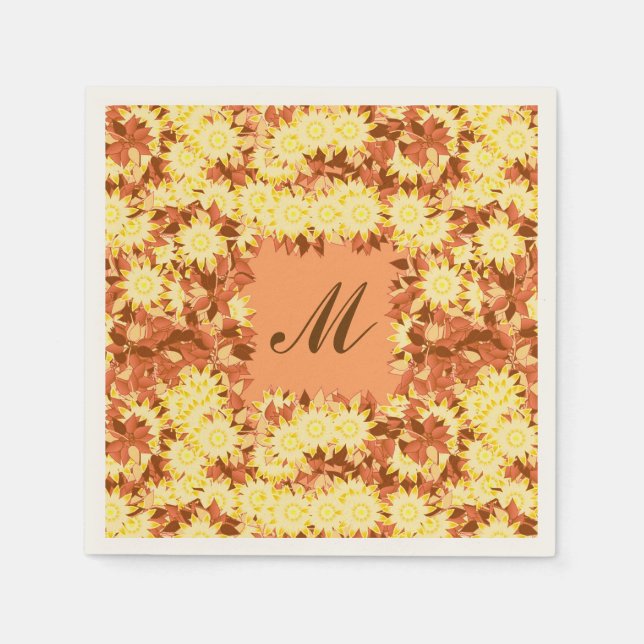 Monogramm gerahmt mit Blume - Kakao und Gelb Serviette (Vorderseite)