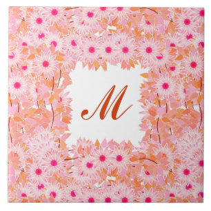 Monogramm gerahmt mit Blume - rosa und pfirsichfar Fliese