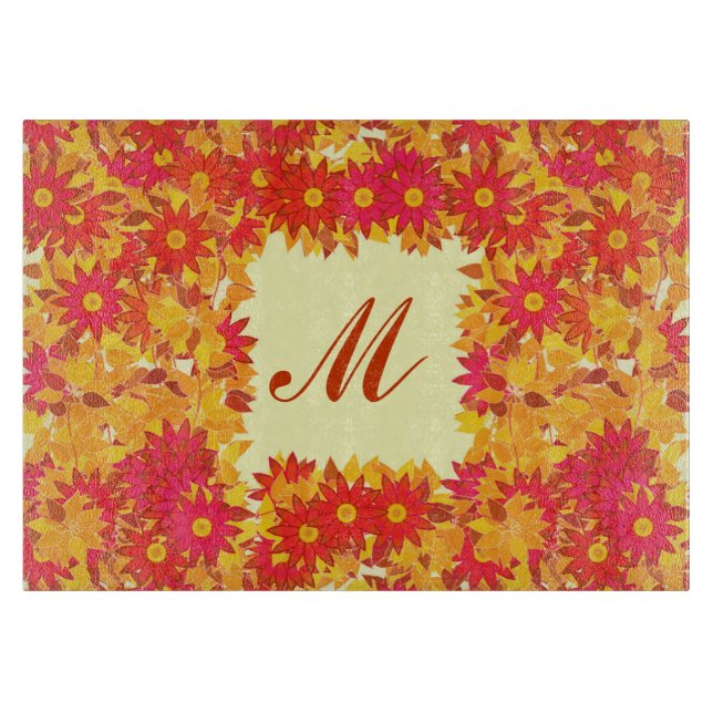 Monogramm gerahmt mit Blume - rot und gold Schneidebrett (Vorderseite)