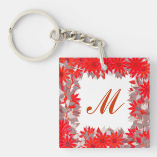 Monogramm gerahmt mit Blume - rot und grau Schlüsselanhänger