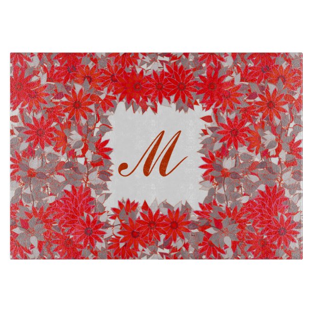 Monogramm gerahmt mit Blume - rot und grau Schneidebrett (Vorderseite)