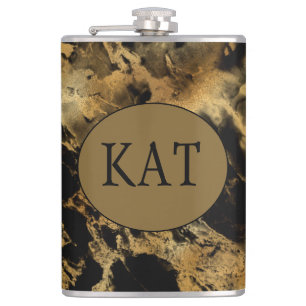 Monogramm Geschenk aus schwarzem Goldmarmor-Achat Flachmann
