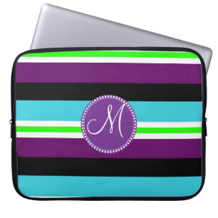Monogramm-gestreiftes Muster-lila aquamarines Laptopschutzhülle