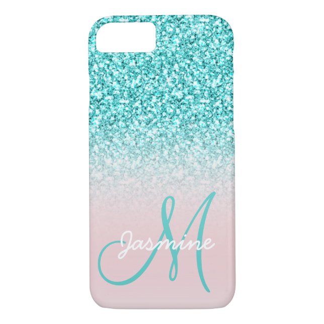 Monogramm-Girly aquamarines Glitzer-Namensrosa Case-Mate iPhone Hülle (Rückseite)