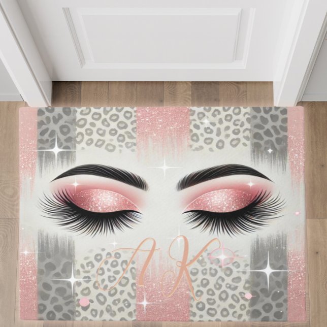 Monogramm Glitter Wimpern  Fußmatte (Glam pink glitter lashes doormat — personalized bachelorette gift for bride or beauty lover)