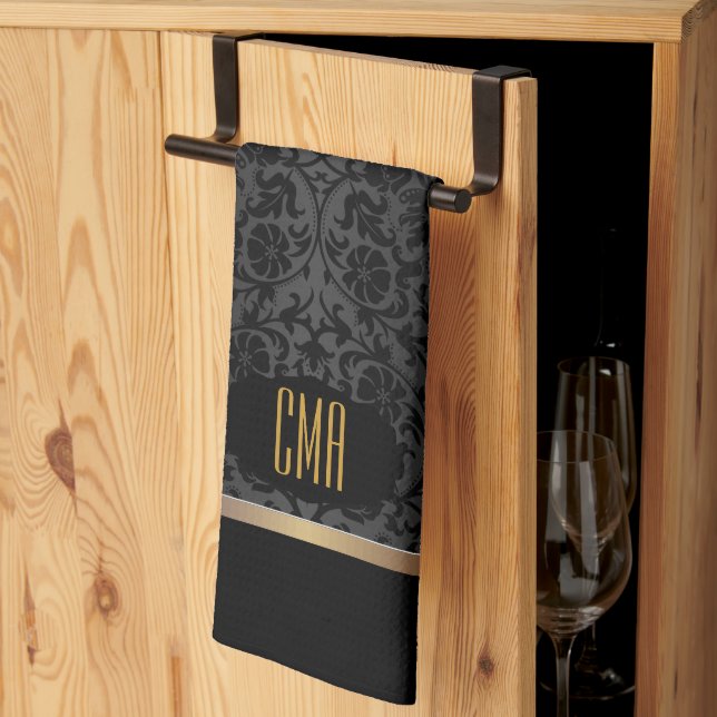 Monogramm Gold- & Blumen-Damaskmuster Geschirrtuch (Drittel gefaltet)