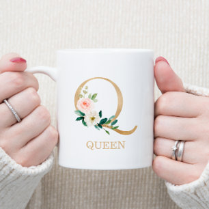 Monogramm Gold Buchstabe Q   Floral Pink Weiß Grün Kaffeetasse