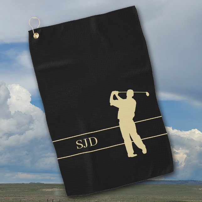 Monogramm Gold-Golfer auf Schwarz Golfhandtuch (Von Creator hochgeladen)