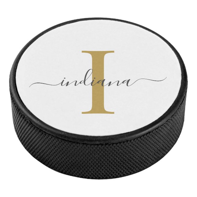 Monogramm Gold Grau Script Name Moderne Typografie Eishockey Puck (3/4)