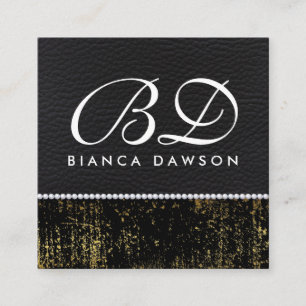 Monogramm Gold Grunge Leder Perlen Quadratische Visitenkarte