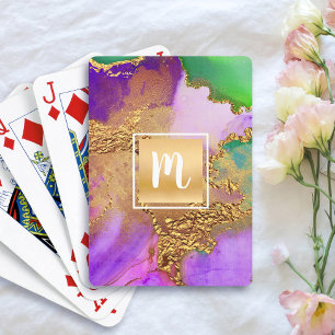 Monogramm Gold Lila Grün Achat Wasserfarbe Bold Spielkarten