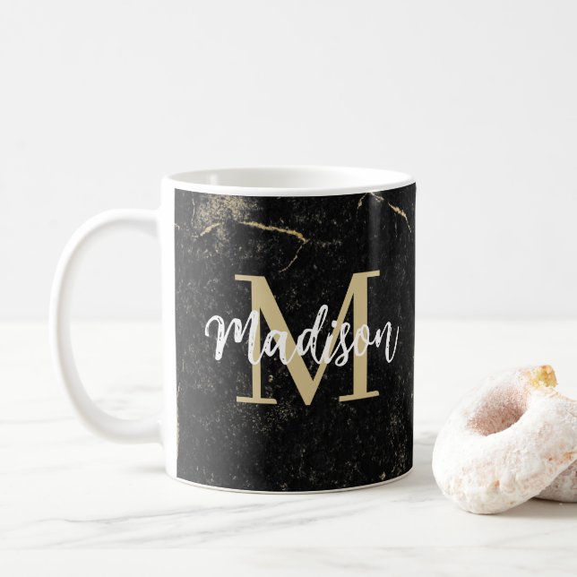 Monogramm Gold Schwarz Marmor Kaffeetasse (Mit Donut)