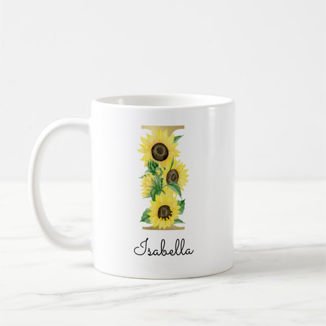 Monogramm Gold-Sonnenblume Florales Initial I Kaffeetasse (Links)