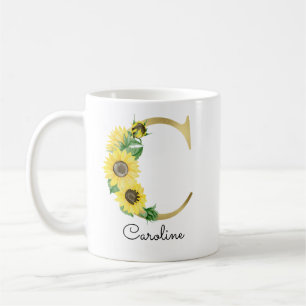 Monogramm Gold Sonnenblume Mädchenhaft Florales An Kaffeetasse