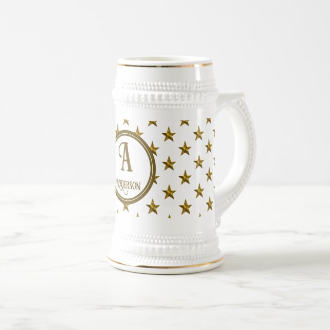 Monogramm Gold Star Muster Anfangsandenken Bierglas (VorderseiteRechts)