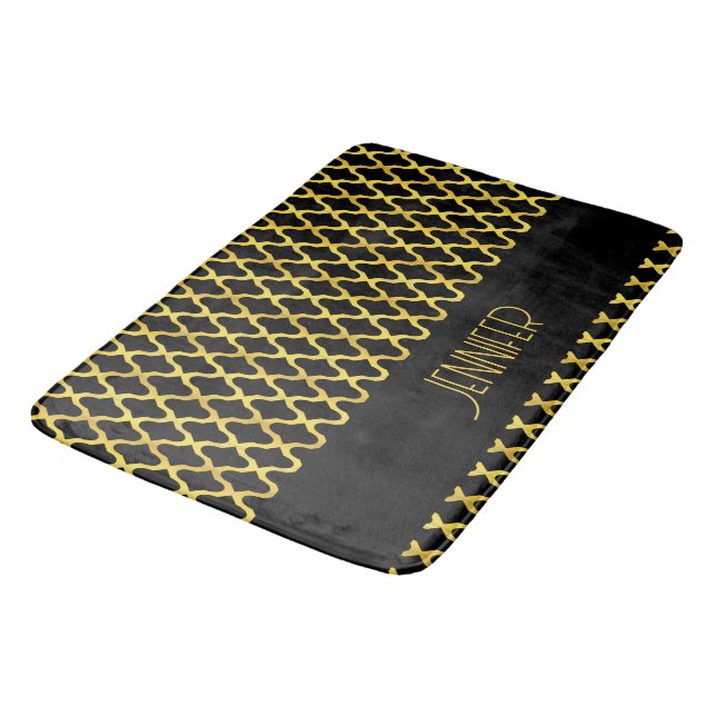 Monogramm, Gold und schwarzes Vierblatt Badematte (Schrägansicht)