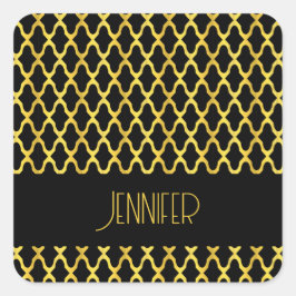 Monogramm, Gold und schwarzes Vierblatt Quadratischer Aufkleber