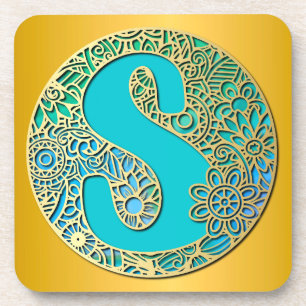 Monogramm Gold und Türkis S und farbenfrohe Blume Getränkeuntersetzer
