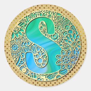 Monogramm Gold und Türkis S und farbenfrohe Blume Runder Aufkleber