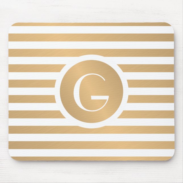 Monogramm Gold und Weiße Streifen Mousepad (Vorne)