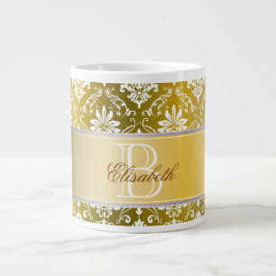 Monogramm Golden Yellow und White Damask Jumbo-Tasse