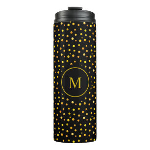 Monogramm & goldene Konfetti auf Schwarz Thermosbecher