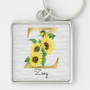 Monogramm Goldene Sonnenblume Mädchenhaft Florales Schlüsselanhänger