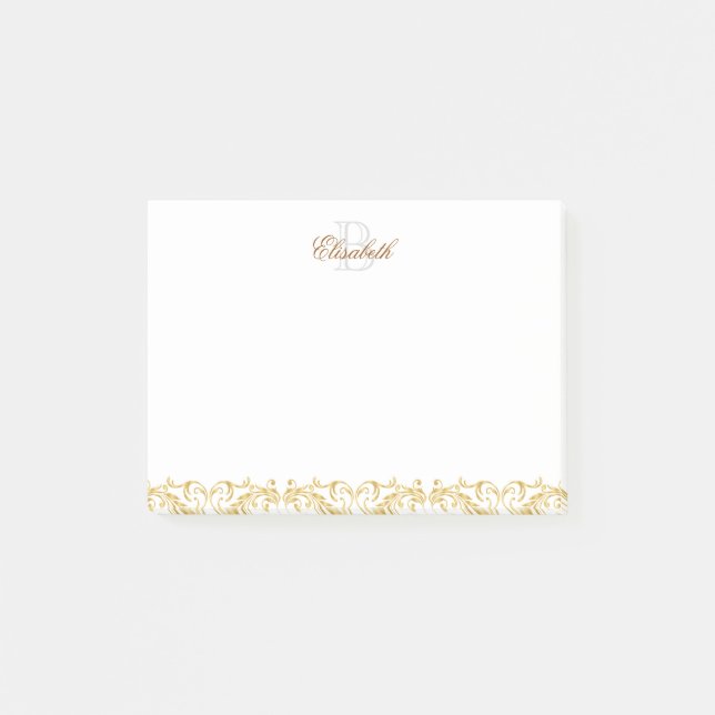 Monogramm-goldener Damast Post-it Klebezettel (Vorderseite)