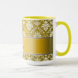 Monogramm-goldener gelber und weißer Damast Tasse