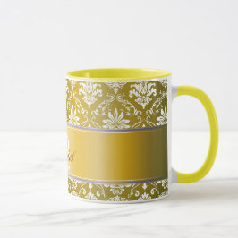 Monogramm-goldener gelber und weißer Damast Tasse