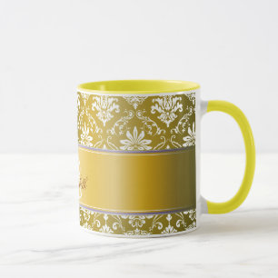 Monogramm-goldener gelber und weißer Damast Tasse